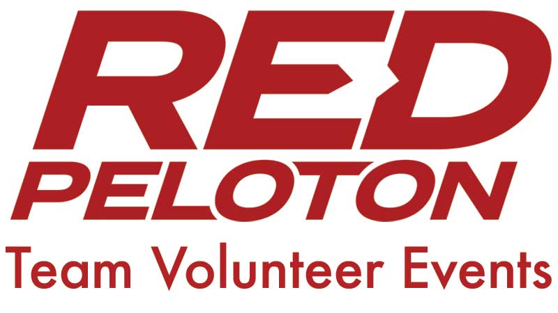 Red Peloton bike racing team Teem Volunteer Events image with red lettering Red Peloton and Team Volunteer Events.