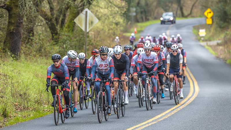 Red Peloton Cycling Club in Santa Rosa, California. Photo of Red Peloton bike racing team on a group ride in Sonoma County.