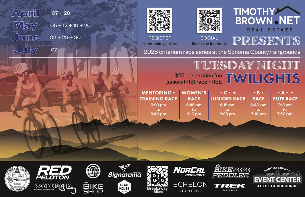 Poster for 2026 TNT criterium bike race series in Santa Rosa in Northern California. Theh poster has the race schedule and weekly racing schedule which is also listed on the TNT web page of Red Peloton's website.