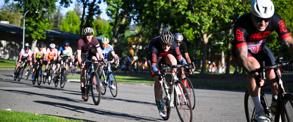 California crit photo of bike racers at the TNT criterium series in Santa Rosa on April 28, 2026.