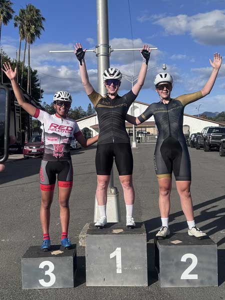 Women's podium of the women bike race at the TNT criterium series i Santa Rosa, California.