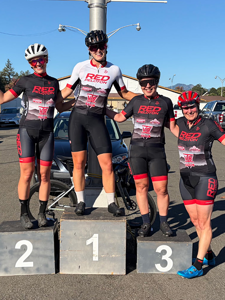 Women's bike race podium TNT bike race series Santa Rosa, Bay Area, California.
