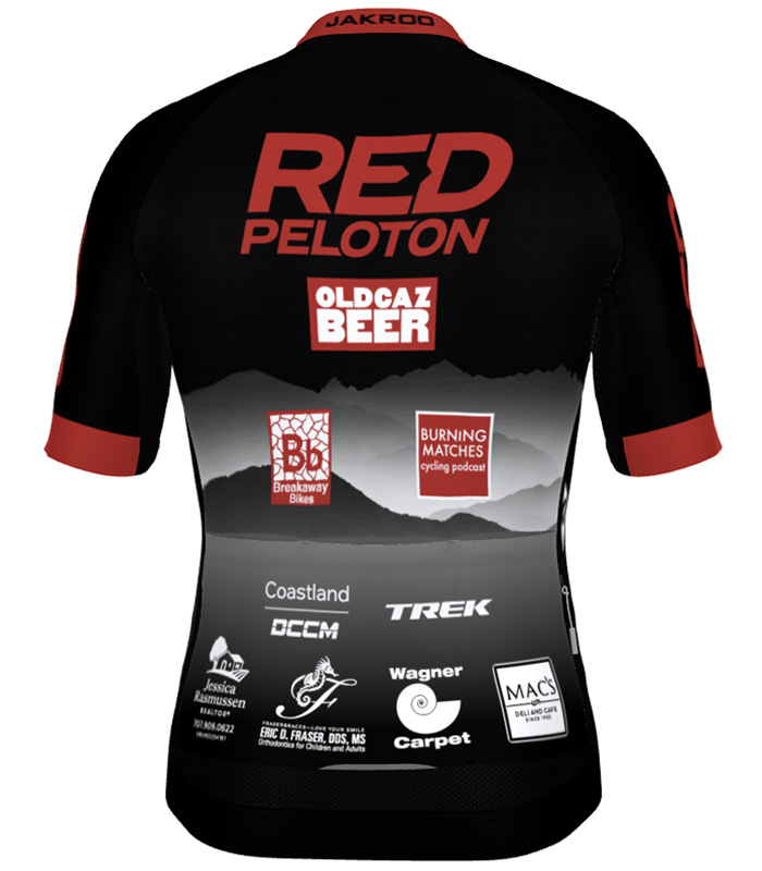 Red Peloton Bay Area bike racing team 2026 kit back.