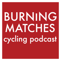 Burning Matches cycling podcast logo. Burning Matches and cycling podcast text on red background.